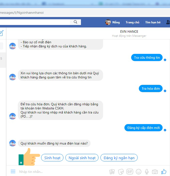 Cách kiểm tra hóa đơn tiền điện qua Facebook Messenger