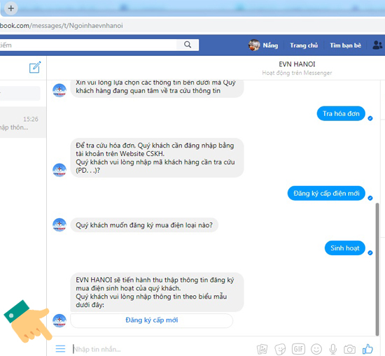 Cách kiểm tra hóa đơn tiền điện qua Facebook Messenger