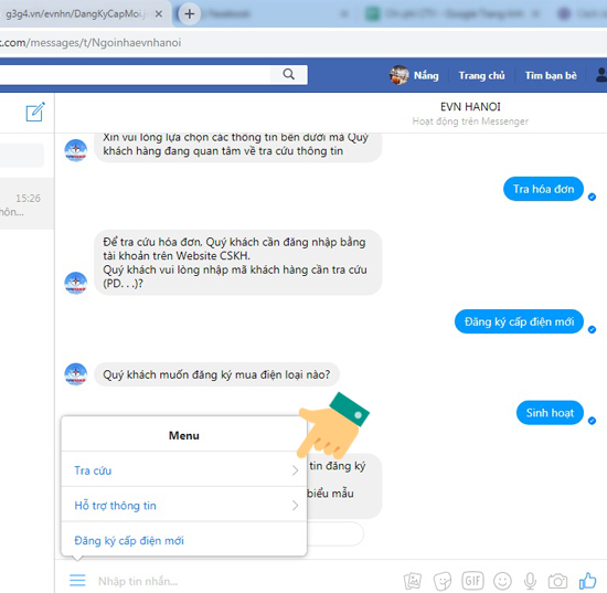 Cách kiểm tra hóa đơn tiền điện qua Facebook Messenger