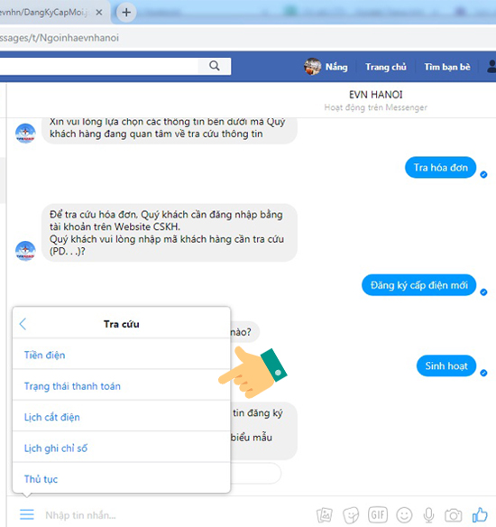 Cách kiểm tra hóa đơn tiền điện qua Facebook Messenger