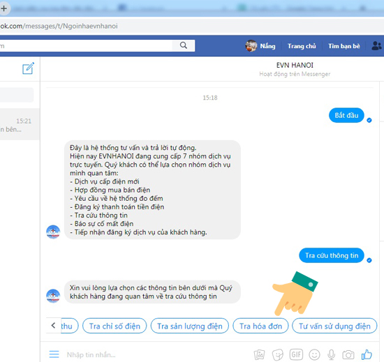 Cách kiểm tra hóa đơn tiền điện qua Facebook Messenger