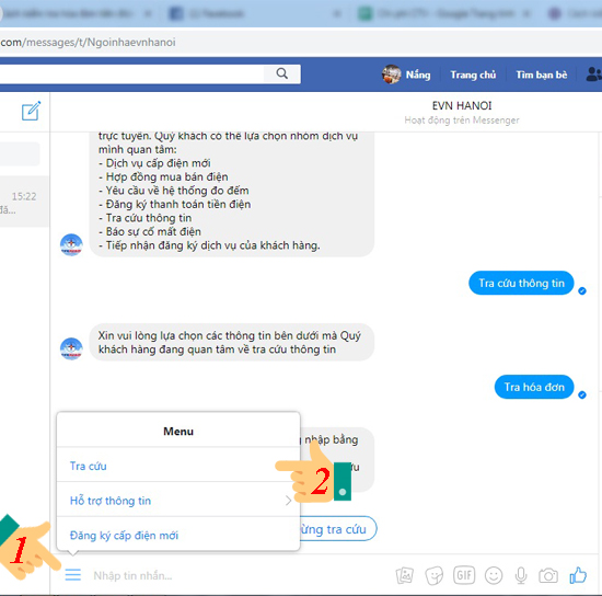 Cách kiểm tra hóa đơn tiền điện qua Facebook Messenger