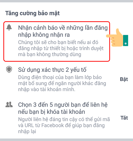 Kích hoạt tính năng cảnh báo đăng nhập Facebook